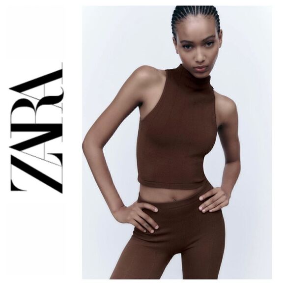 NWT Zara Brown Seamless Creased Limitless Contour Collection Sleeveless Crop Top - Picture 1 of 16